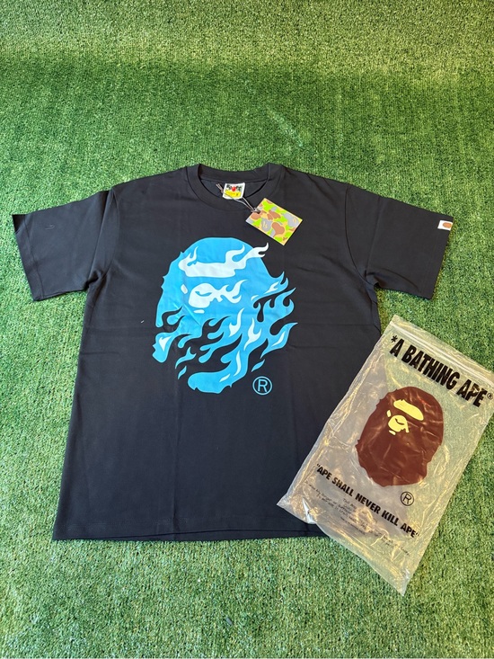 Bape Other - Bape Black Tee with Bright Blue Flame Ape Logo